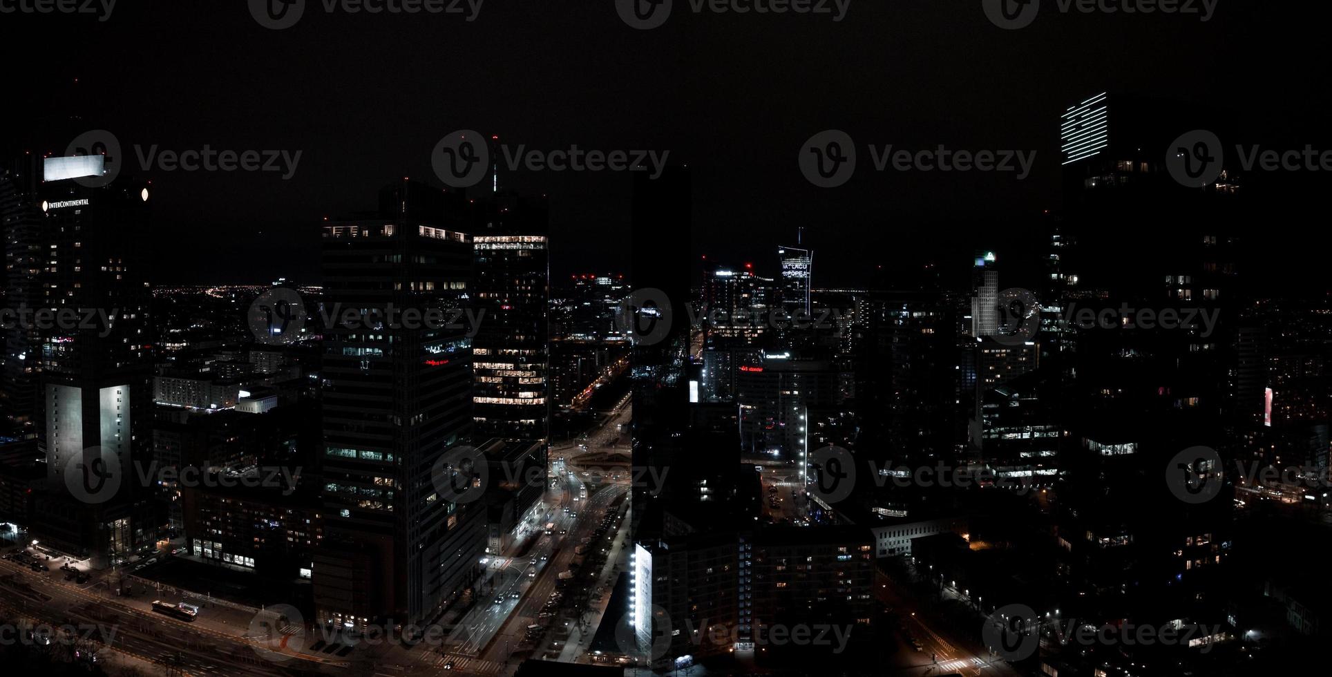 Aerial night view of the downtown of Warsaw, Poland. photo