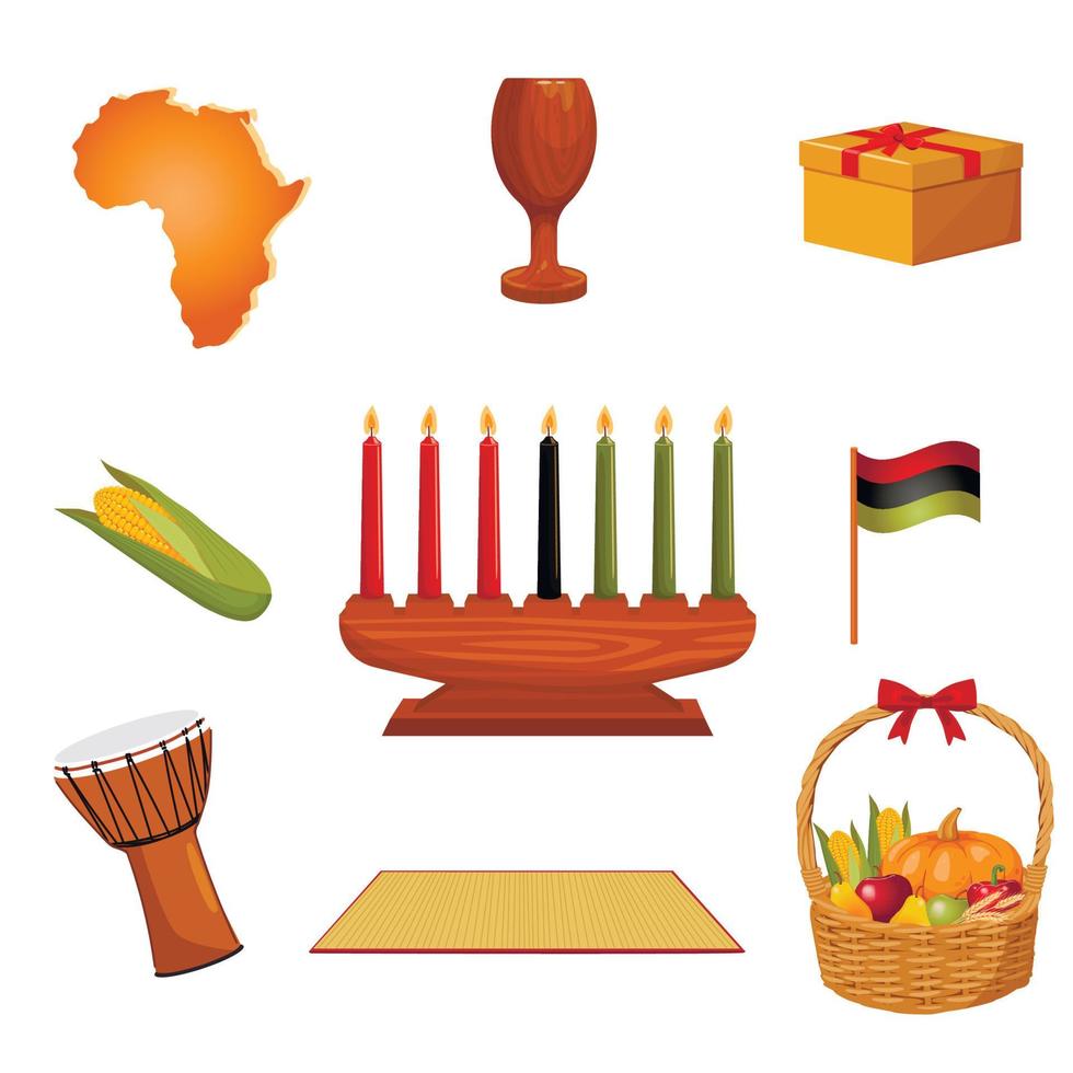 Set of Kwanzaa symbols. Mazao, zawadi, mkeka, kinara, gifts, cup, candles, flag, djembe. For posters, flyers, web designs. vector