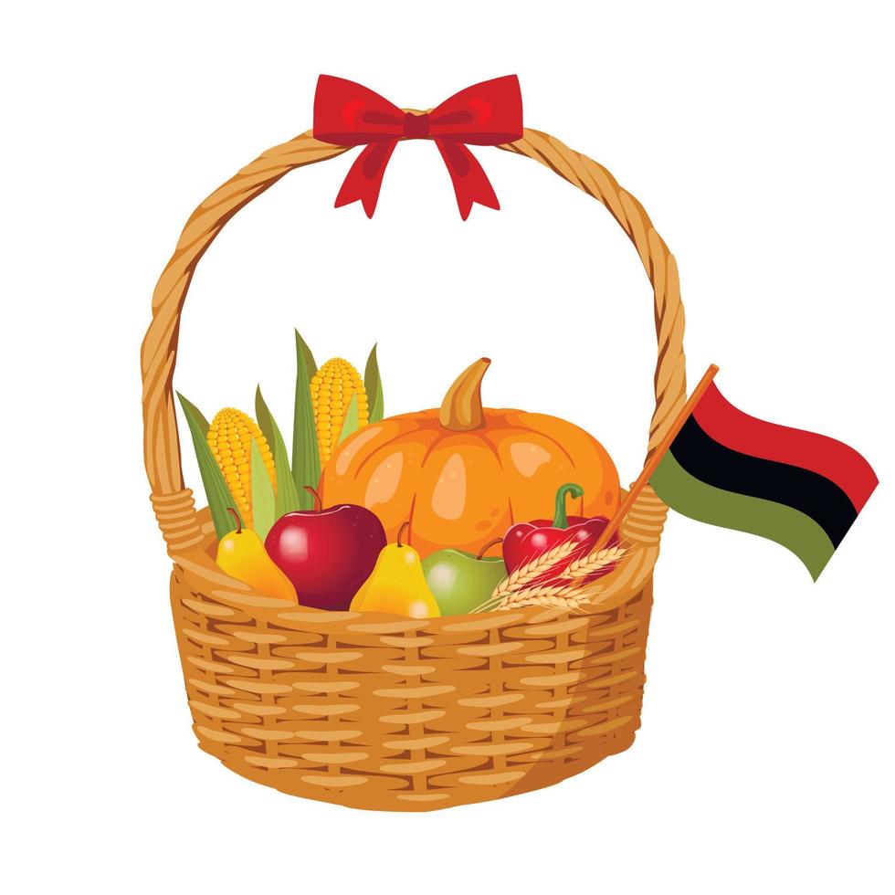 una cesta de mimbre llena de fruta con bandera para celebrar kwanzaa. los cultivos mazao para la celebración del festival afroamericano de la cosecha vector