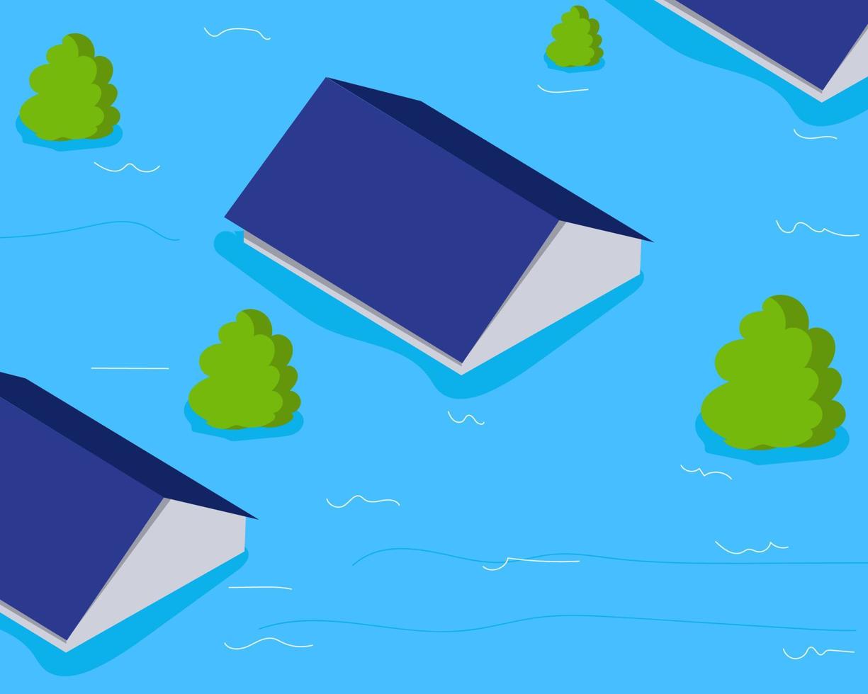 Top view of many roofs of houses in flood area. Cartoon vector style for your design.