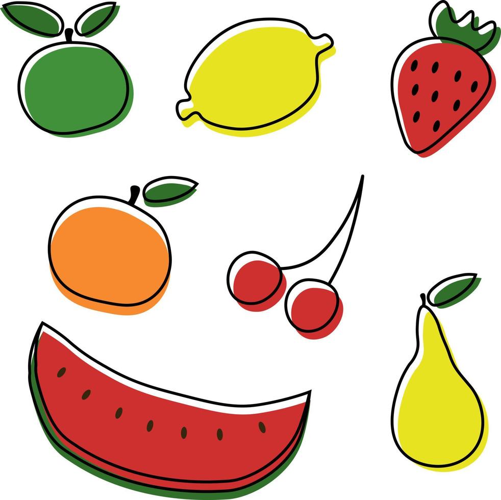 Fruits and berries, vector set. Black outline and colored spot.