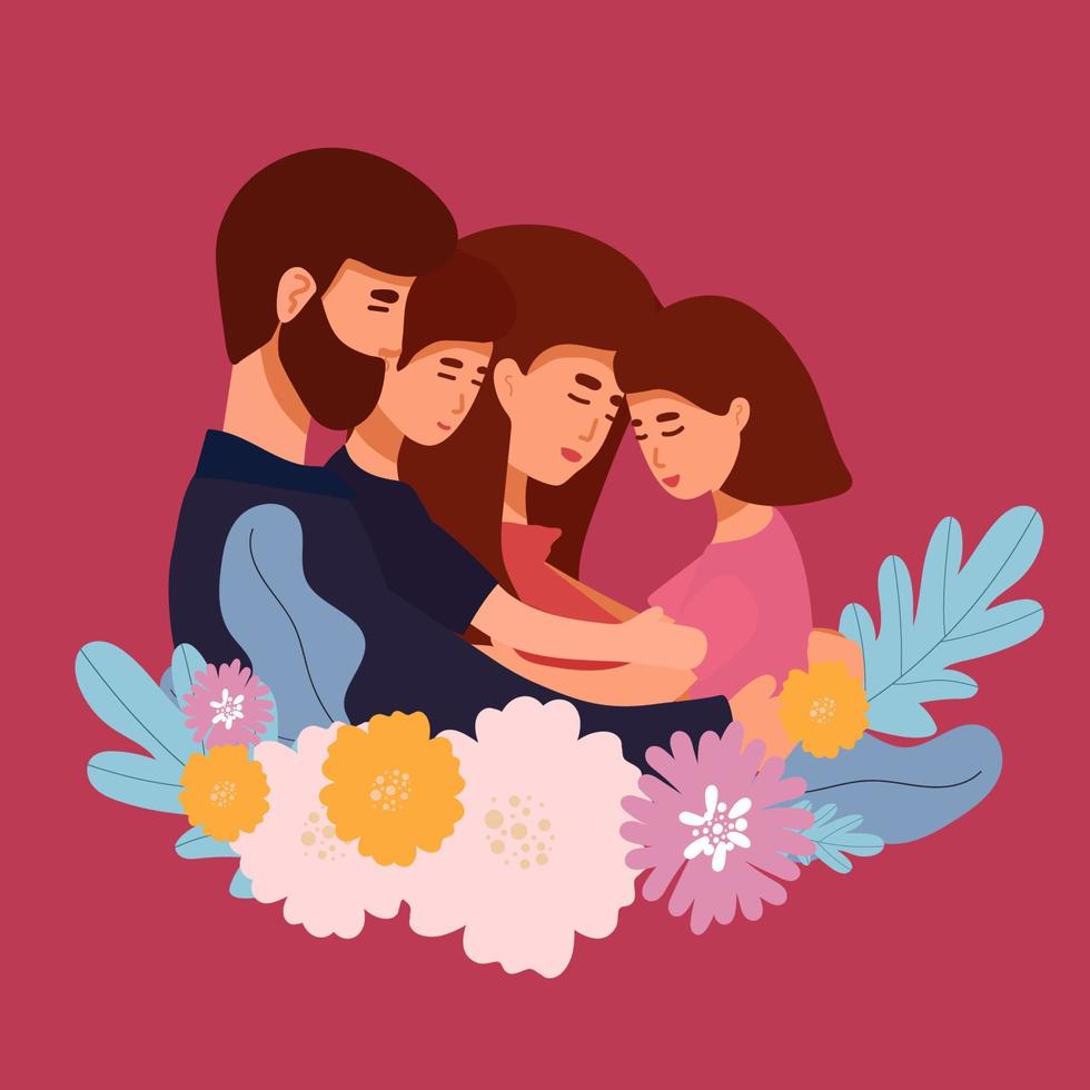 vector illustration of a happy family, mother father daughter son holding hands and hugging, complete prosperous family vector