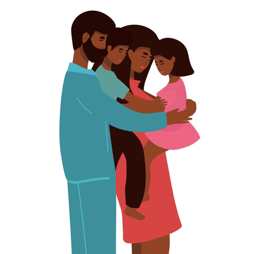 vector illustration of a happy afro american family, mother father daughter son holding hands and hugging, complete prosperous family vector