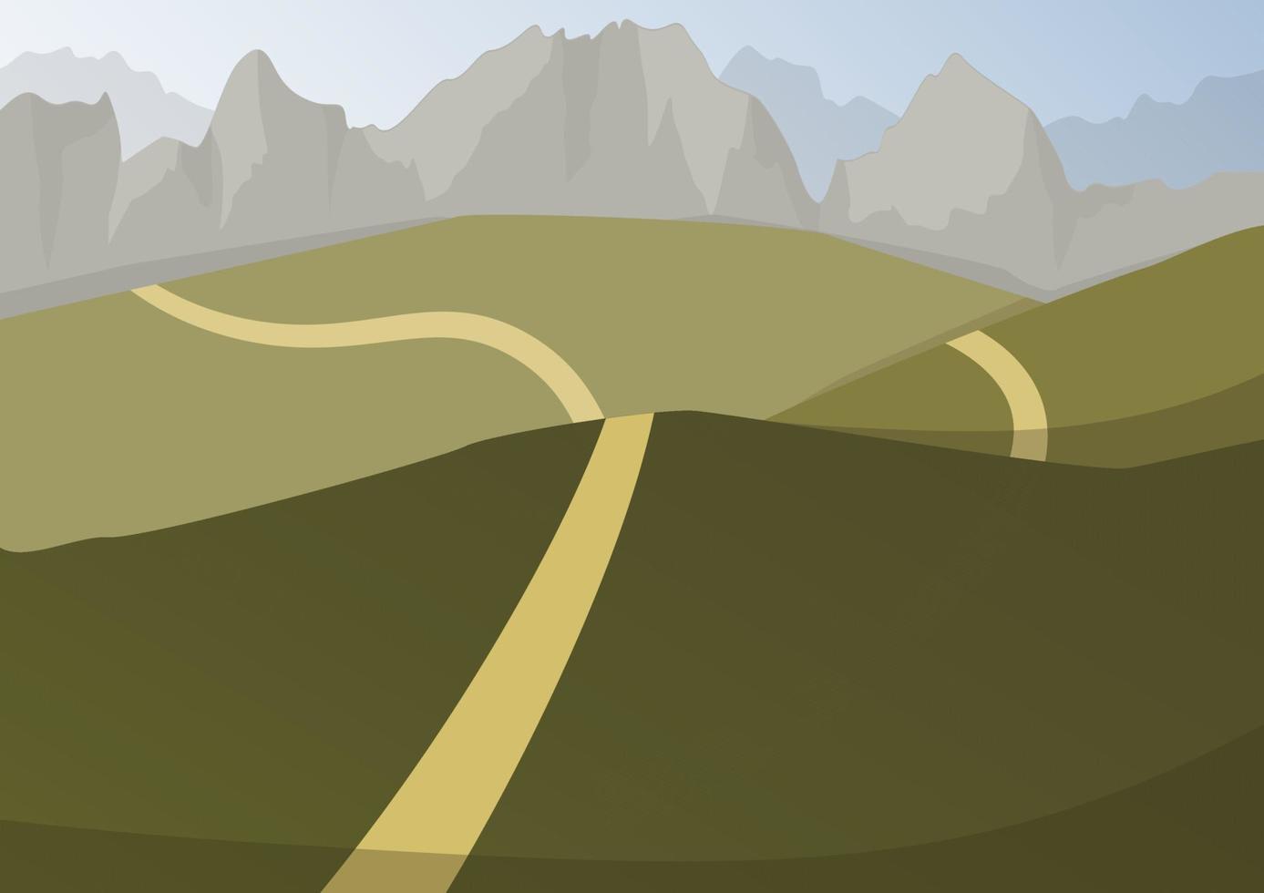 Green hills outside the city with a brown path leading to gray mountains vector