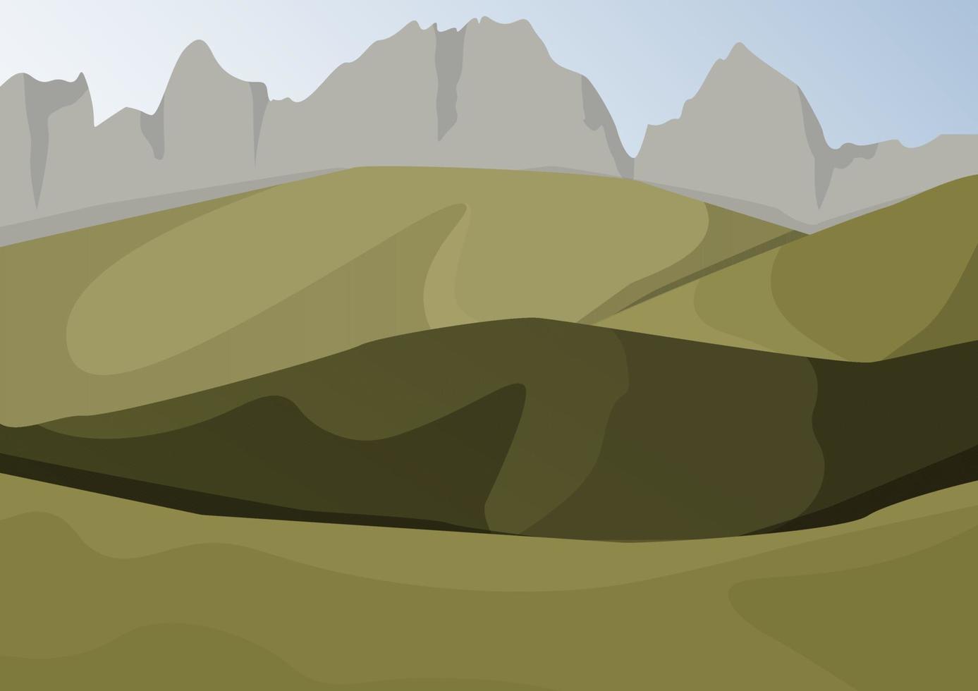 Landscape with green hills and gray mountains in the background vector