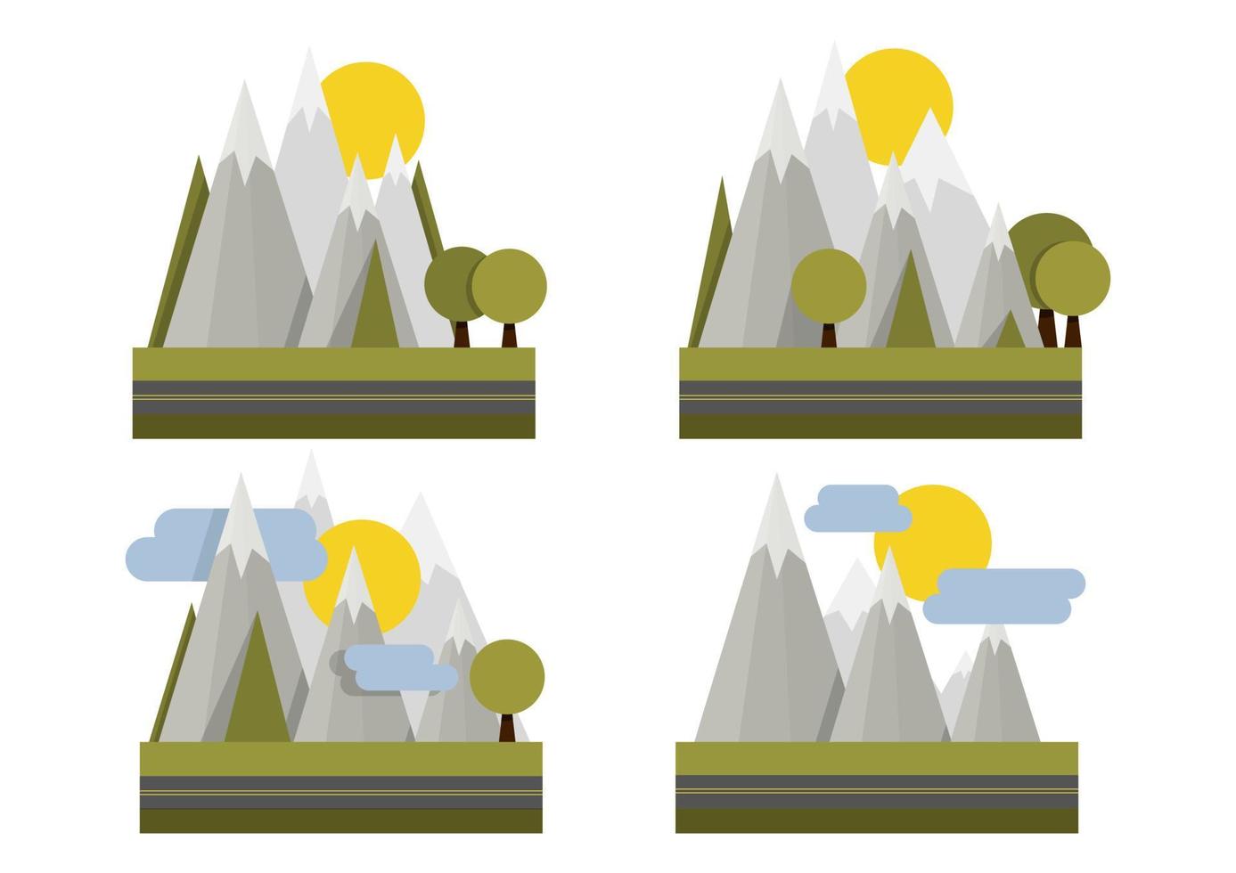 Set of different gray geometric mountains and trees at the bottom with a road vector