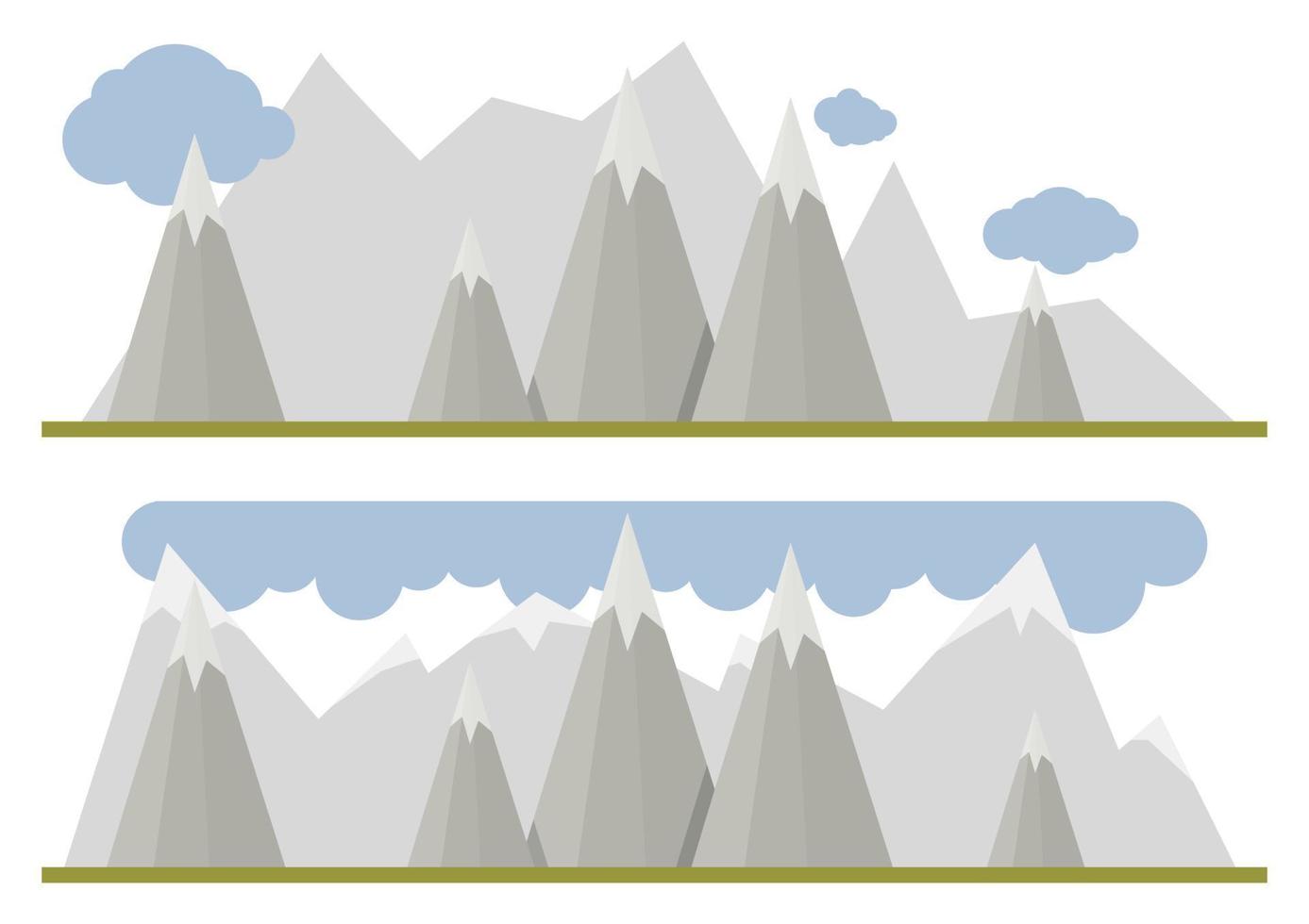 Set of 2 types of stripes of gray geometric simple mountains with blue clouds vector