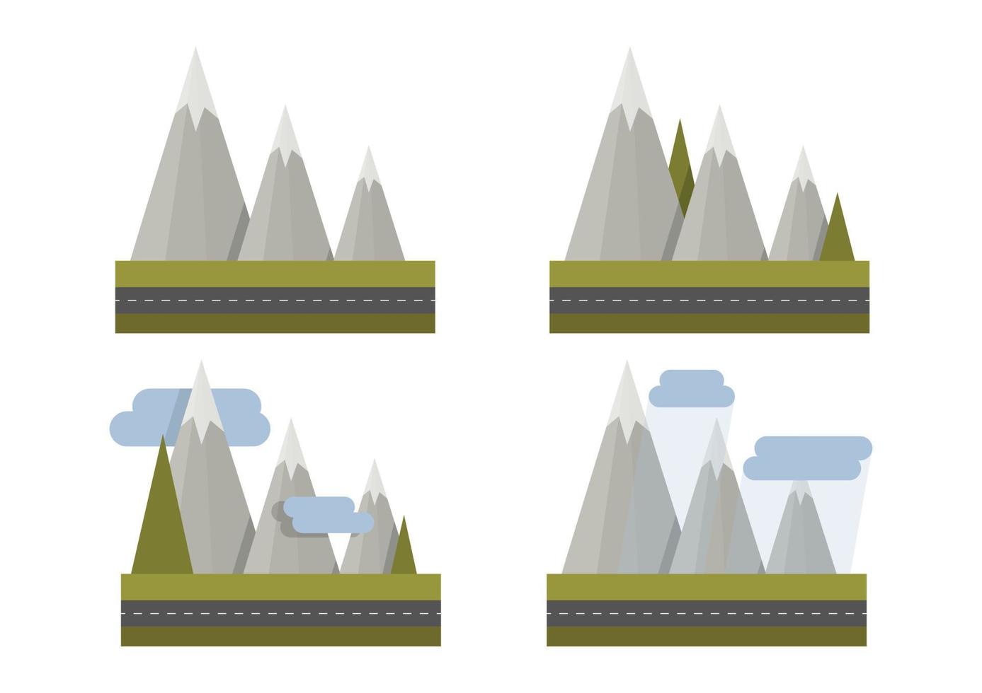 conjunto de montañas grises geométricas simples con nubes y lluvia vector