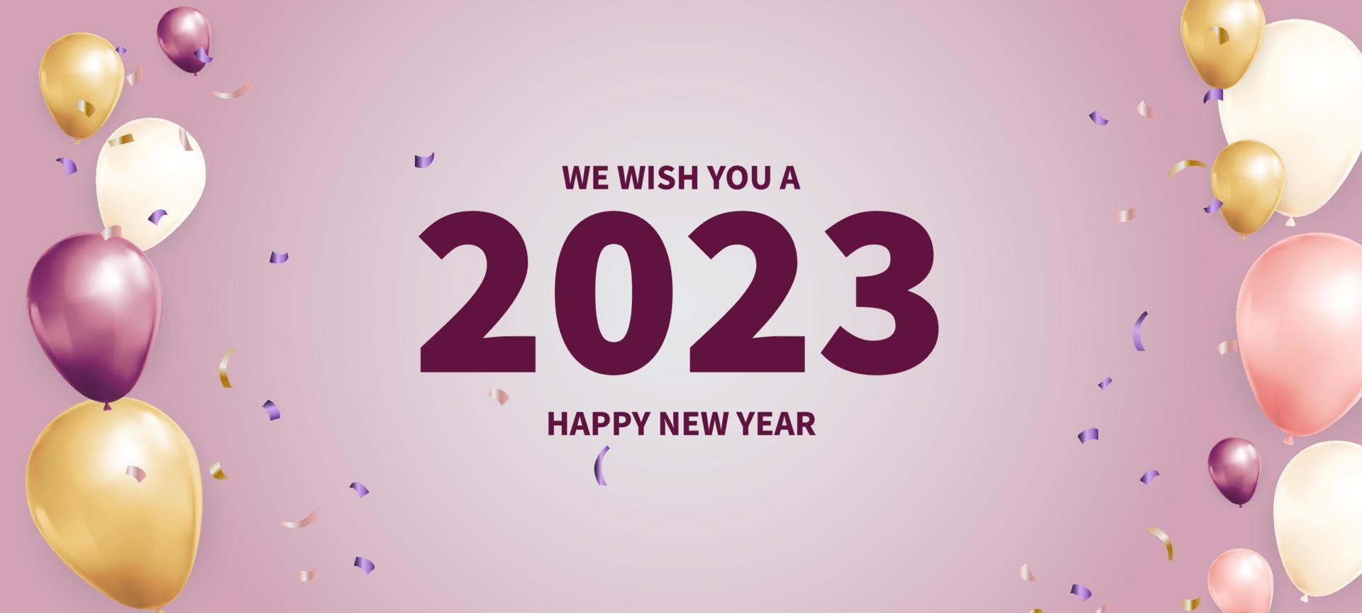 Typographic New Year banner with purple, gold and white balloons vector