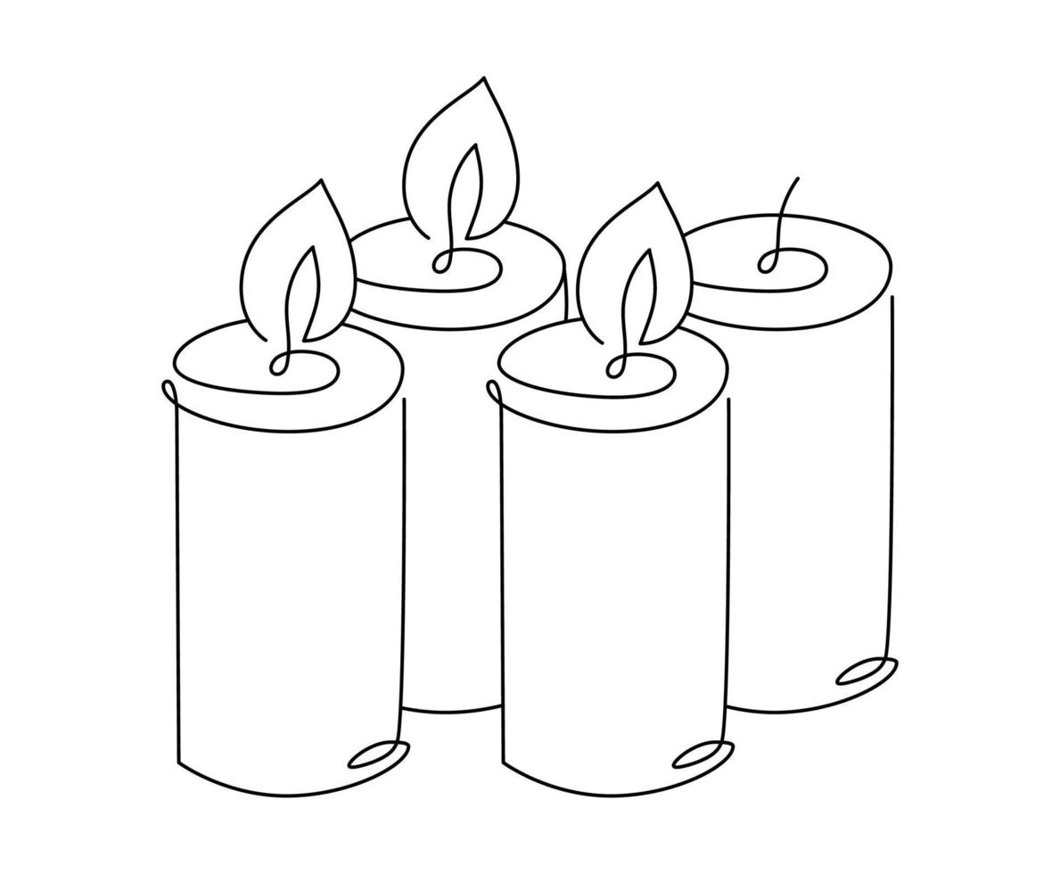 Three hand drawn one line candles vector icon. Four candles are burning. Christmas advent illustration for greeting card, web design isolated holiday invitation on white background
