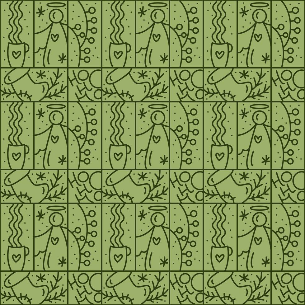 Christmas logo advent seamless pattern snowflake, gift box, house, garland, sock and tree on green background. Hand drawn monoline winter vector constructor for greeting card