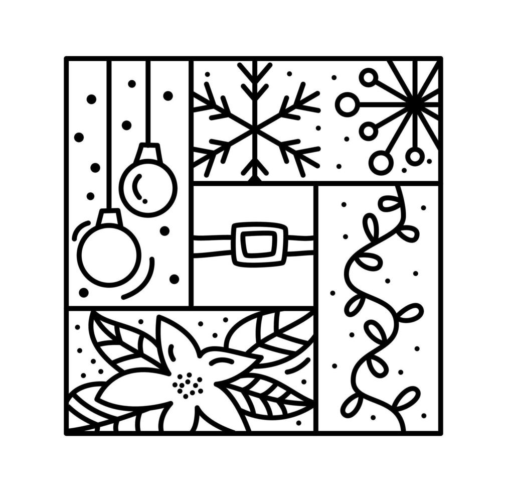 sombrero de composición de advenimiento del logotipo de navidad vectorial, caja de regalo, juguetes, guirnalda, abeto y copo de nieve. constructor de invierno monoline dibujado a mano en marco cuadrado para tarjeta de felicitación vector