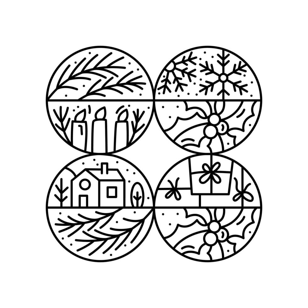 Christmas Vector logo advent composition hat, gift box, toys, garland, fir tree and snowflake. Hand drawn monoline winter constructor in square frame for greeting card