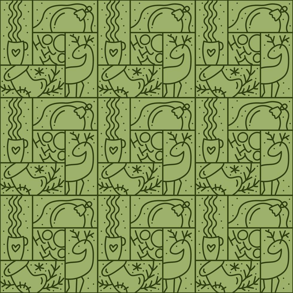 Christmas logo advent seamless pattern snowflake, gift box, house, garland, sock and tree on green background. Hand drawn monoline winter vector constructor for greeting card
