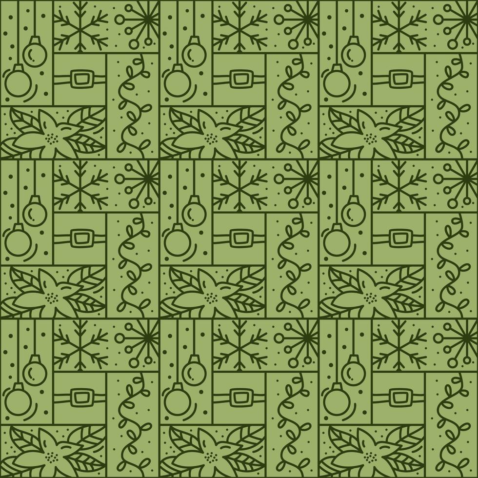 Christmas logo advent seamless pattern snowflake, gift box, house, garland, sock and tree on green background. Hand drawn monoline winter vector constructor for greeting card