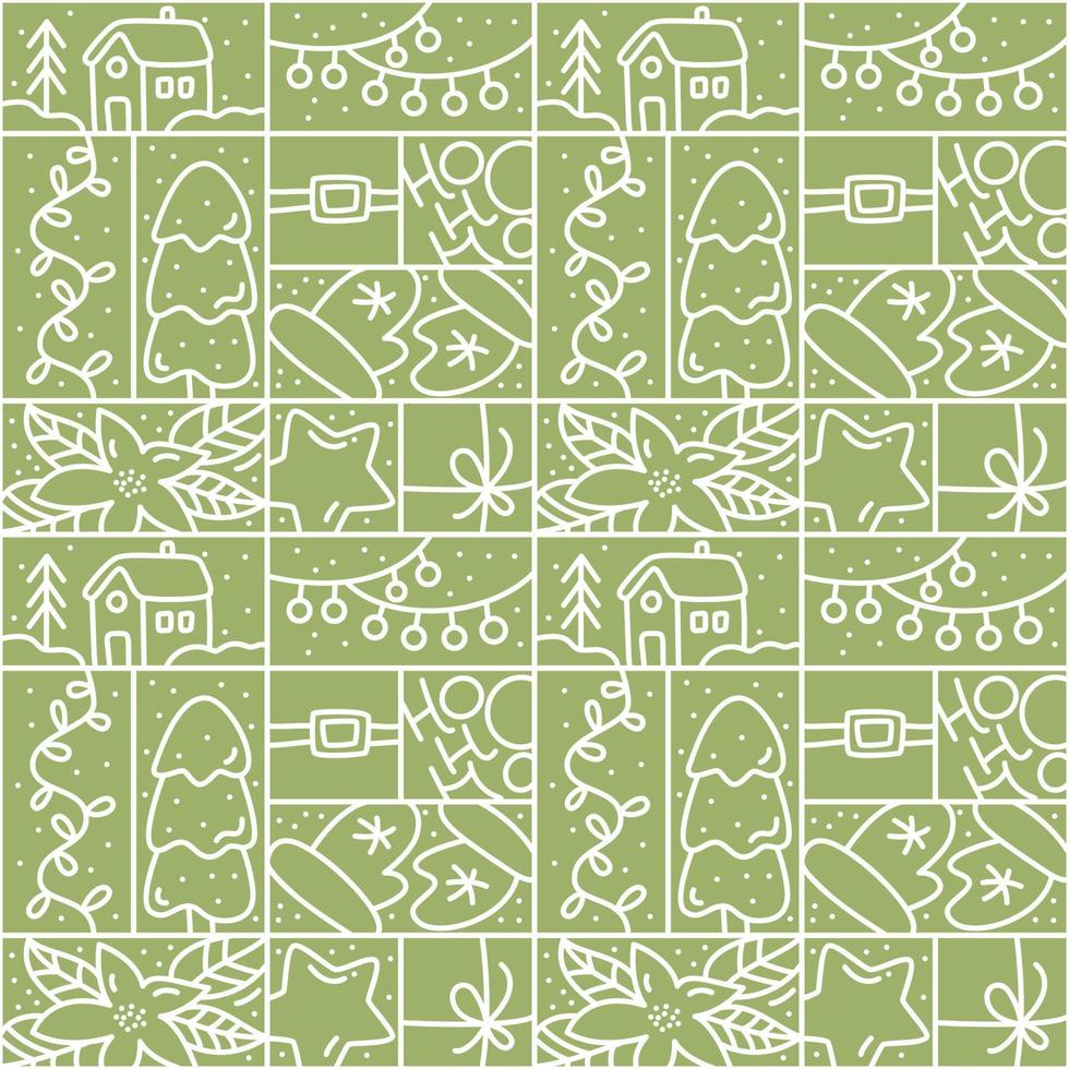 Christmas logo advent seamless pattern snowflake, gift box, house, garland, sock and tree on green background. Hand drawn monoline winter vector constructor for greeting card