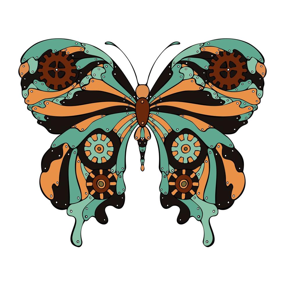 dibujo de color de mariposa steampunk hecho a mano en estilo garabato. vector
