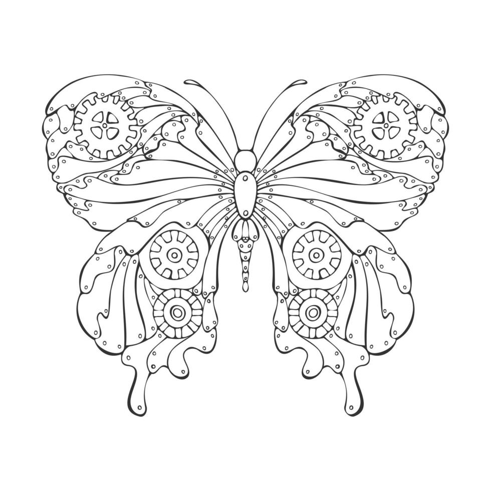 dibujo lineal de contorno de mariposa steampunk hecho a mano en estilo garabato. vector