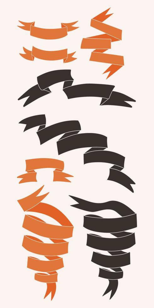 Ribbon set. Black and orange ribbons collection. Dark ribbons with light strokes. Vintage ribbons vector