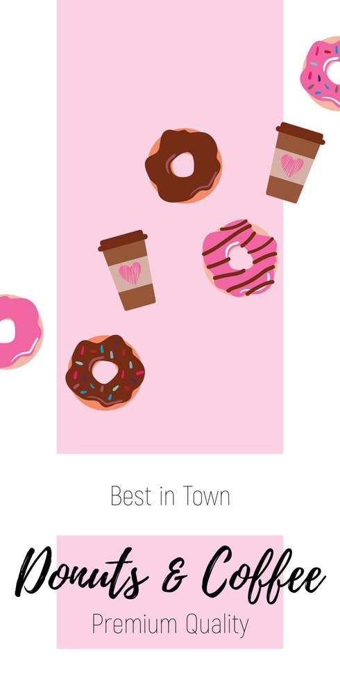 Drawn cute donuts and cups of coffee on a delicious pink background. Perfect for a cafe and pastry shop, bakery shop. vector