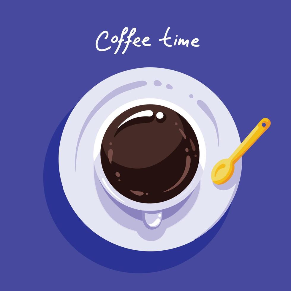 Coffee in white cup mug with top view flat lay vector illustration isolated on plain blue background. Monday best drink drawing with cartoon flat simple art style.