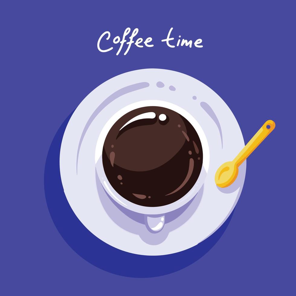 café en taza blanca con vista superior ilustración vectorial plana aislada en fondo azul claro. dibujo de la mejor bebida del lunes con estilo de arte plano simple de dibujos animados. vector