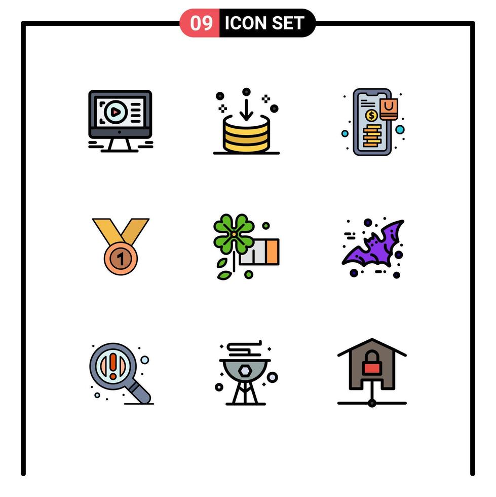 9 Thematic Vector Filledline Flat Colors and Editable Symbols of medal award interface achieve shopping Editable Vector Design Elements