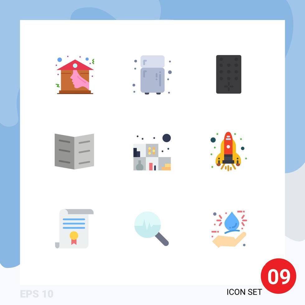 Universal Icon Symbols Group of 9 Modern Flat Colors of rocket bookshelf remote living education Editable Vector Design Elements