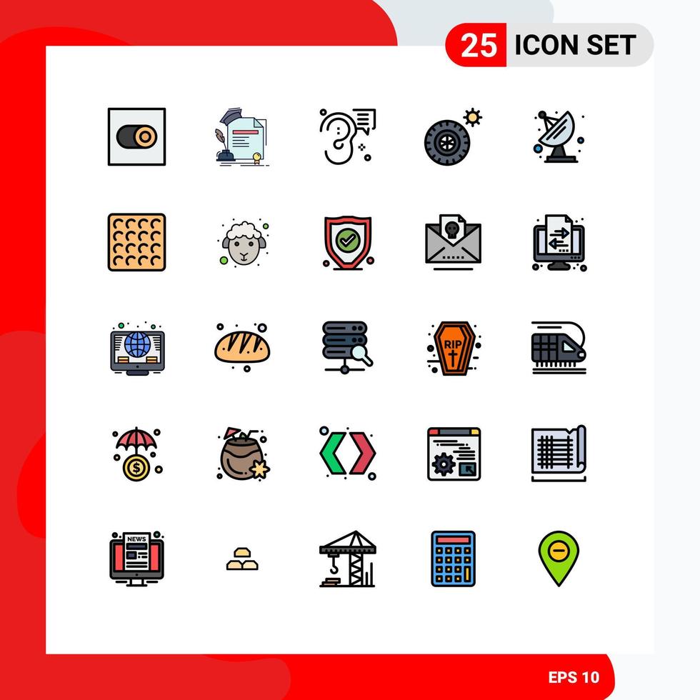Modern Set of 25 Filled line Flat Colors and symbols such as communication wheel buzz tires message Editable Vector Design Elements