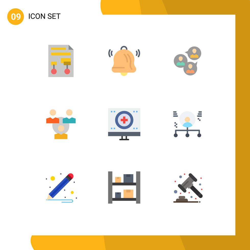 conjunto moderno de 9 pictogramas de colores planos del grupo de enfoque de la oficina de caridad que se encuentra con elementos de diseño de vectores editables modernos
