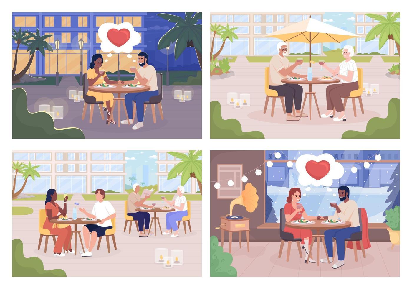 Celebrating important date flat color vector illustration set. Romantic dinner. Couple at restaurant. Vacation together. Fully editable 2D simple cartoon characters pack with cityscape on background