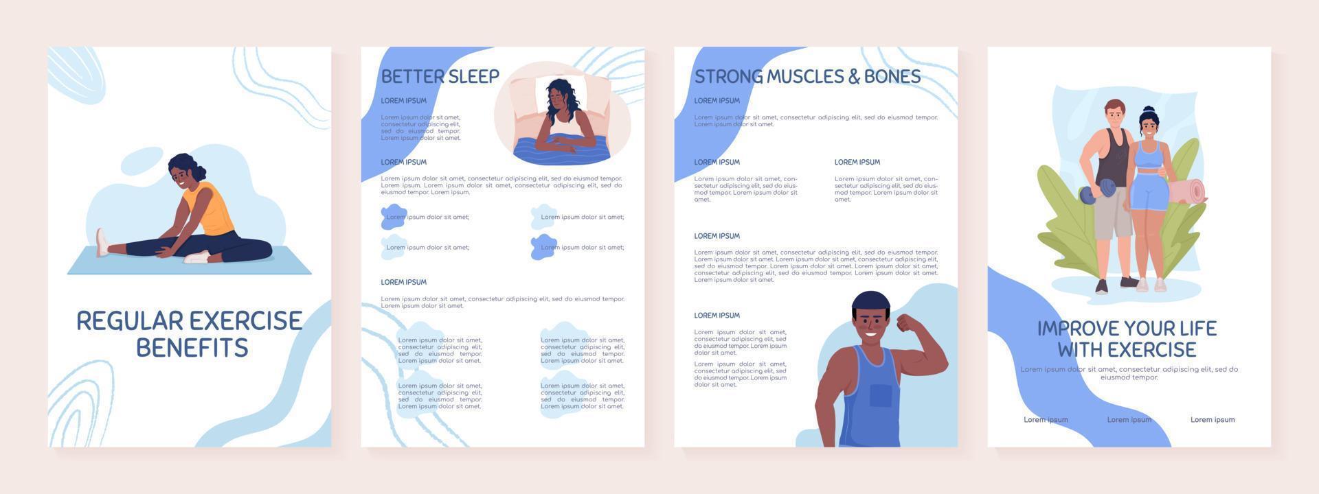 Regular exercise benefits flat vector brochure template. Health booklet, leaflet printable flat color designs. Editable magazine page, reports kit with text space. Sniglet, Comfortaa fonts used