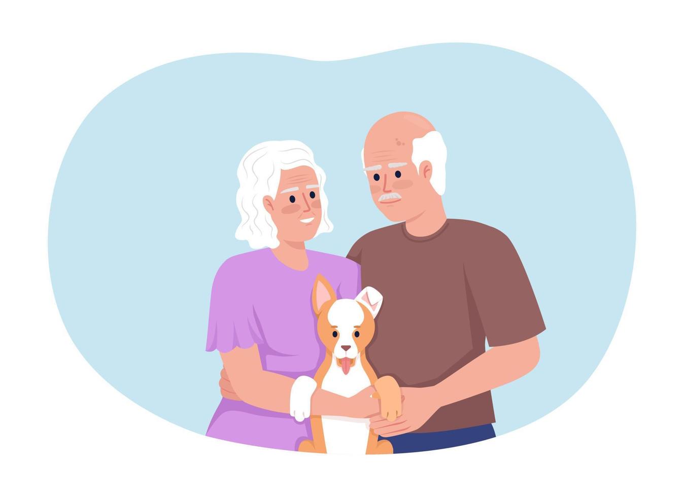 Joyful retired couple with puppy in hands 2D vector isolated illustration. Strong relationships flat characters on cartoon background. Colorful editable scene for mobile, website, presentation