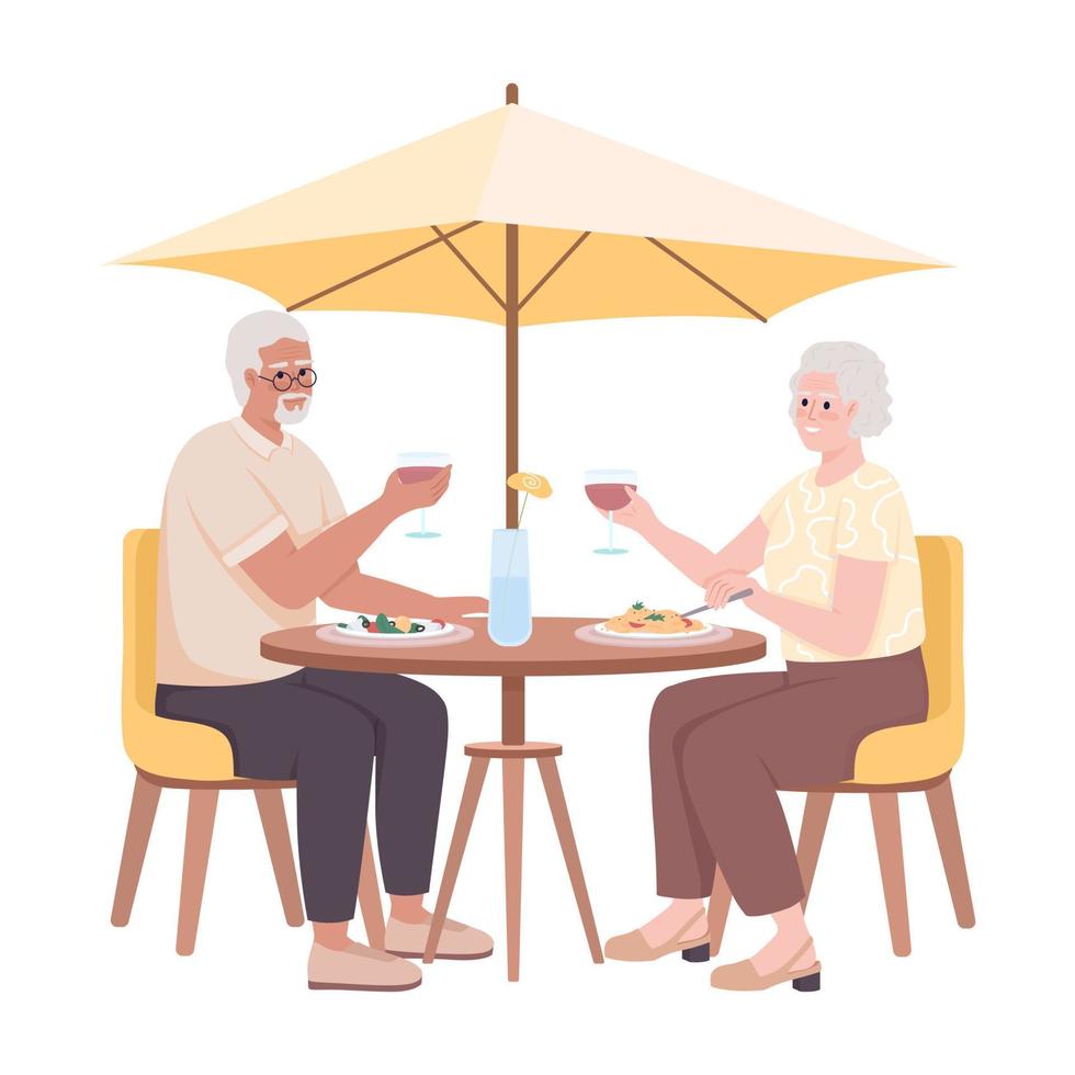 la pareja de jubilados cena en un café con caracteres vectoriales de color semiplano. figura editable. personas de cuerpo completo en blanco. citas ilustración de estilo de dibujos animados simple para diseño gráfico web y animación vector