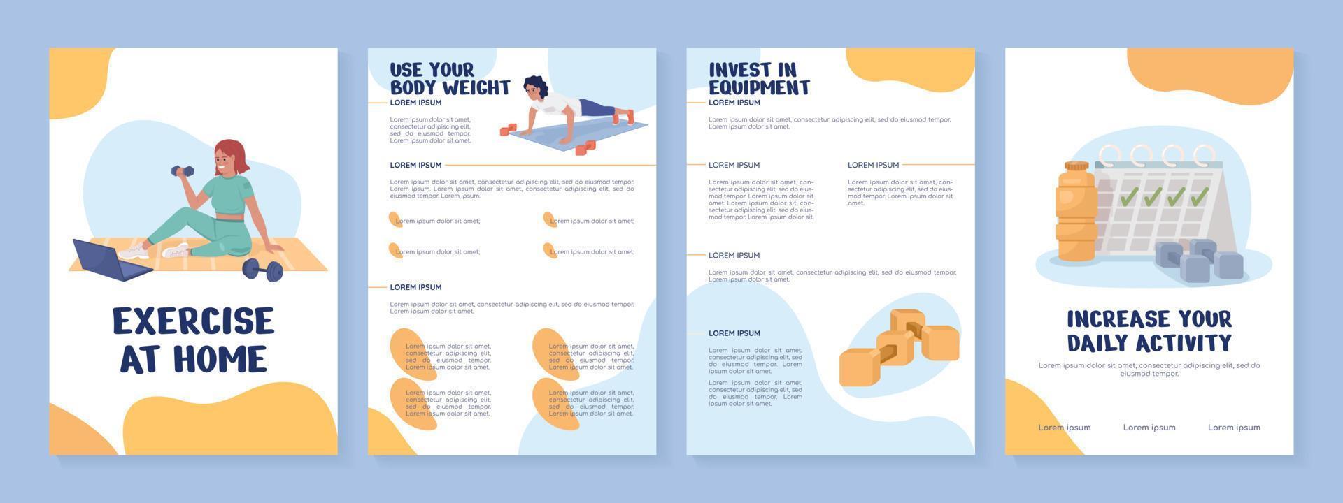 Exercise at home flat vector brochure template. Workout booklet, leaflet printable flat color designs. Editable magazine page, reports kit with text space