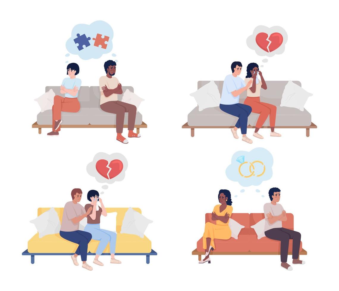 Relationship problem semi flat color vector characters set. Editable figures. Full body people on white. Couple conflict. Breakup simple cartoon style illustration for web graphic design and animation