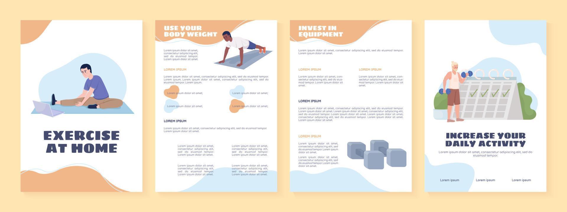 Home training flat vector brochure template. Sport booklet, leaflet printable flat color designs. Editable magazine page, reports kit with text space