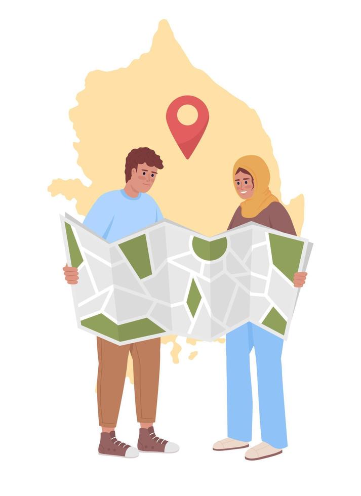 Couple consulting map in honeymoon trip 2D vector isolated illustration. Discover new country flat characters on world map background. Colorful editable scene for mobile, website, presentation
