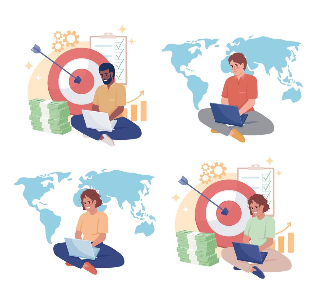 International worker flat concept vector illustration set. Boost revenue. Successful business. Editable 2D cartoon characters on white for web design. Creative idea for website, mobile, presentation