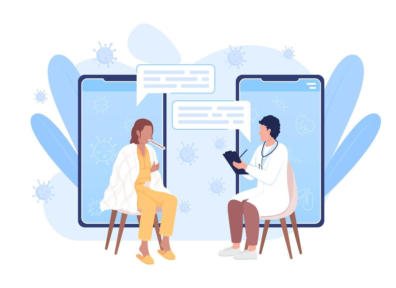 Online meeting with doctor flat concept vector illustration. Sick woman. Cold illness. Editable 2D cartoon characters on white for web design. Creative idea for website, mobile, presentation