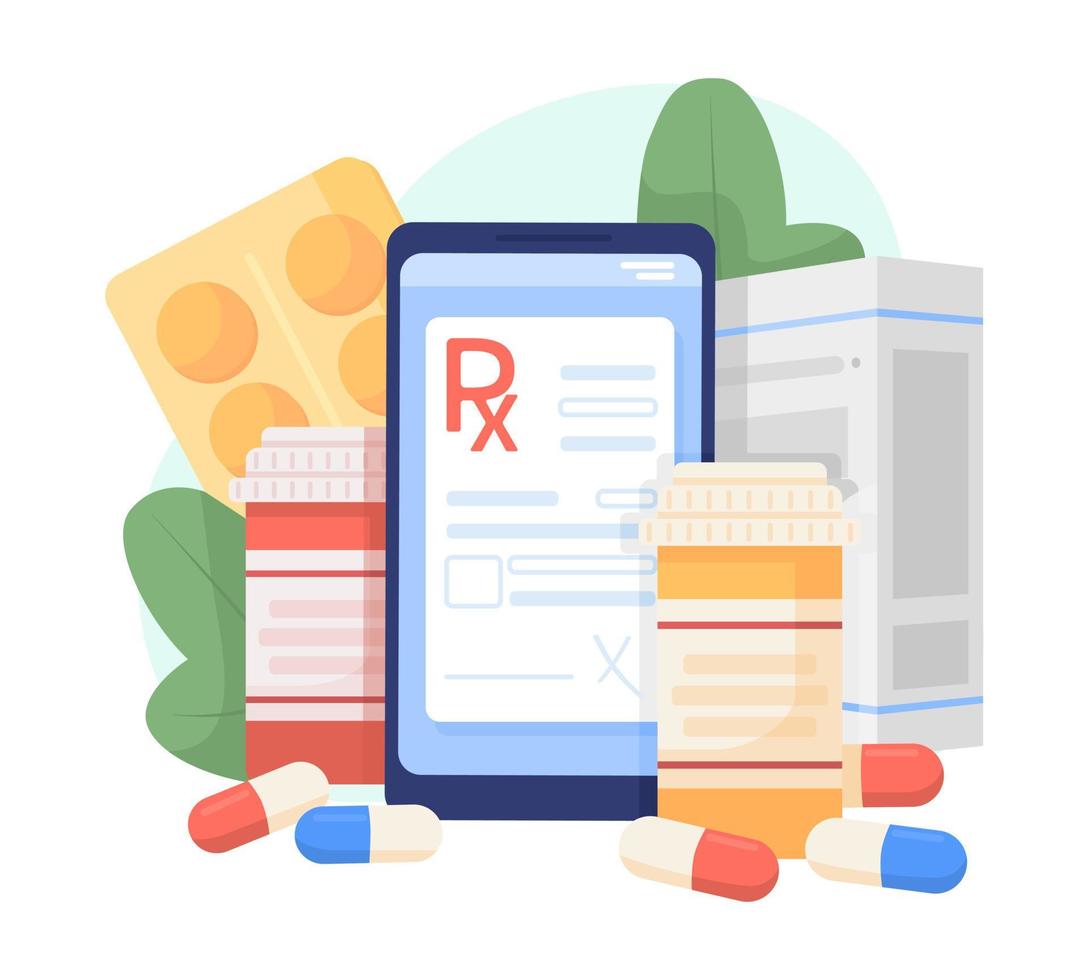 Online prescription flat concept vector illustration. Medicine pills. Editable 2D cartoon objects on white for web design. Telemedicine creative idea for website, mobile, presentation