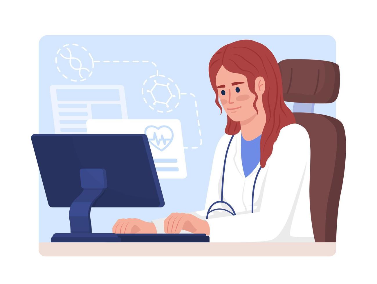 el médico trabaja en la ilustración de vector de concepto plano de computadora. iot en medicina. personajes de dibujos animados 2d editables en blanco para el diseño web. idea creativa de telesalud para sitio web, móvil, presentación