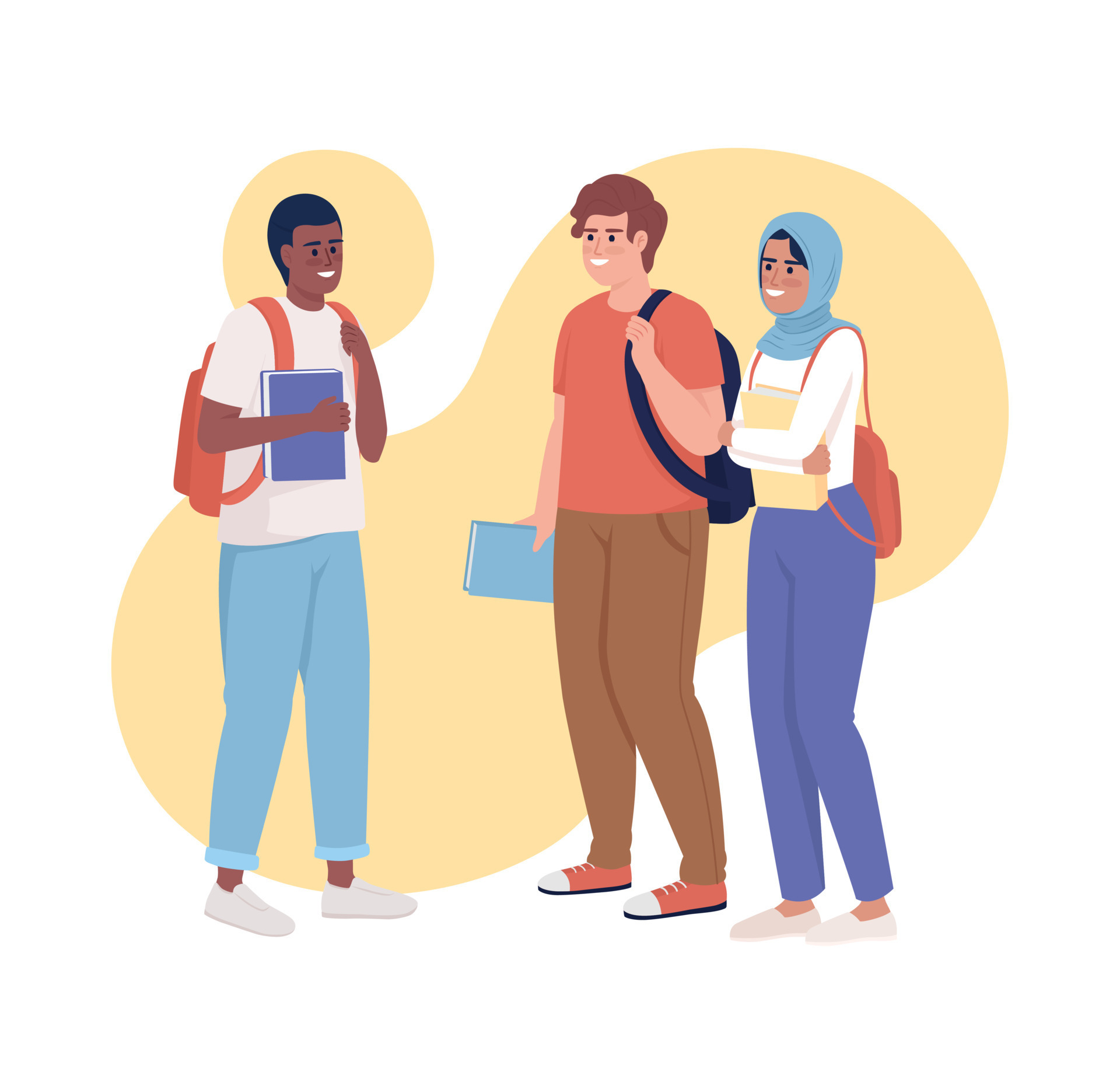 Happy student communities 2D vector isolated illustration. University