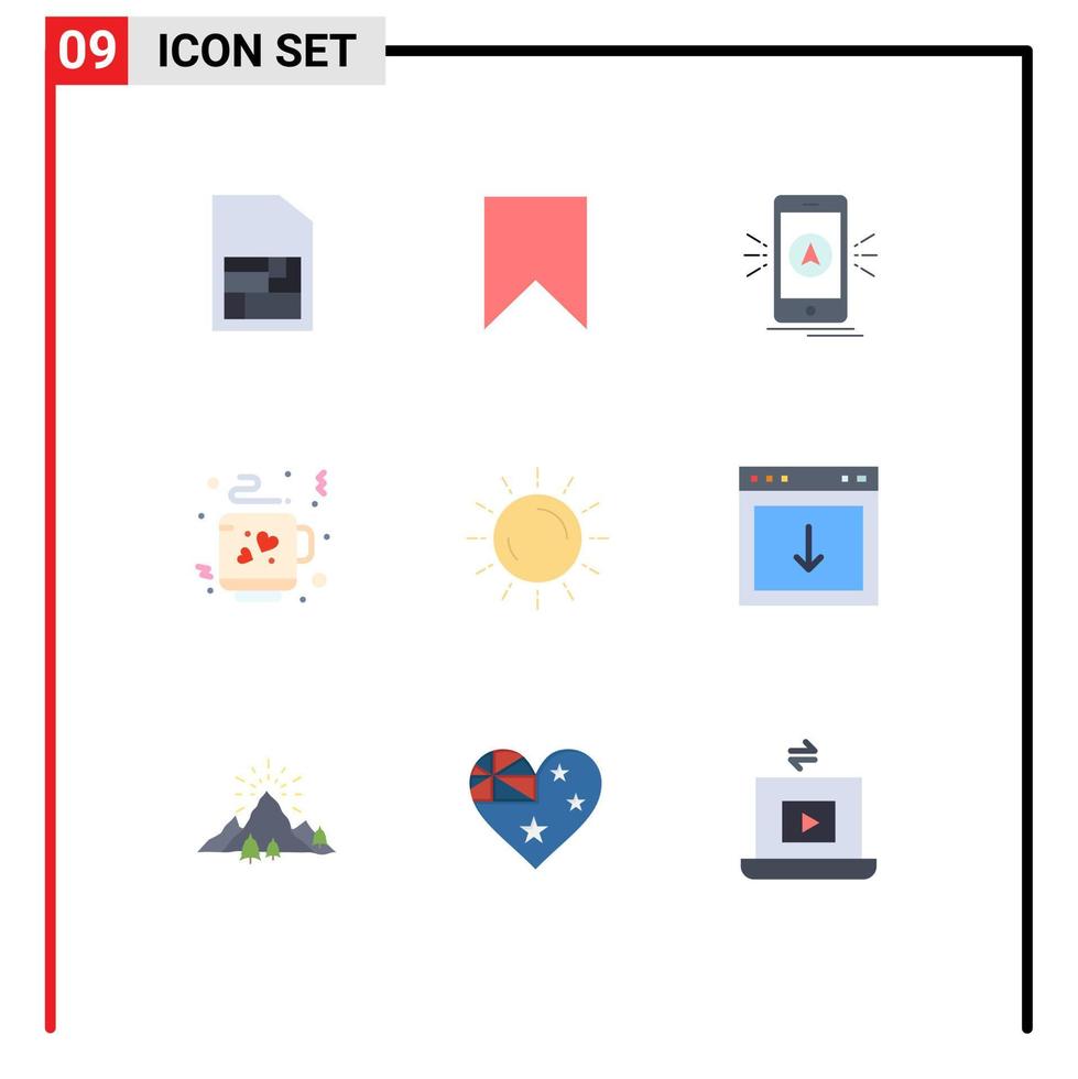 Paquete de 9 colores planos de interfaz de usuario de signos y símbolos modernos del clima té navegación amor ubicación elementos de diseño vectorial editables vector
