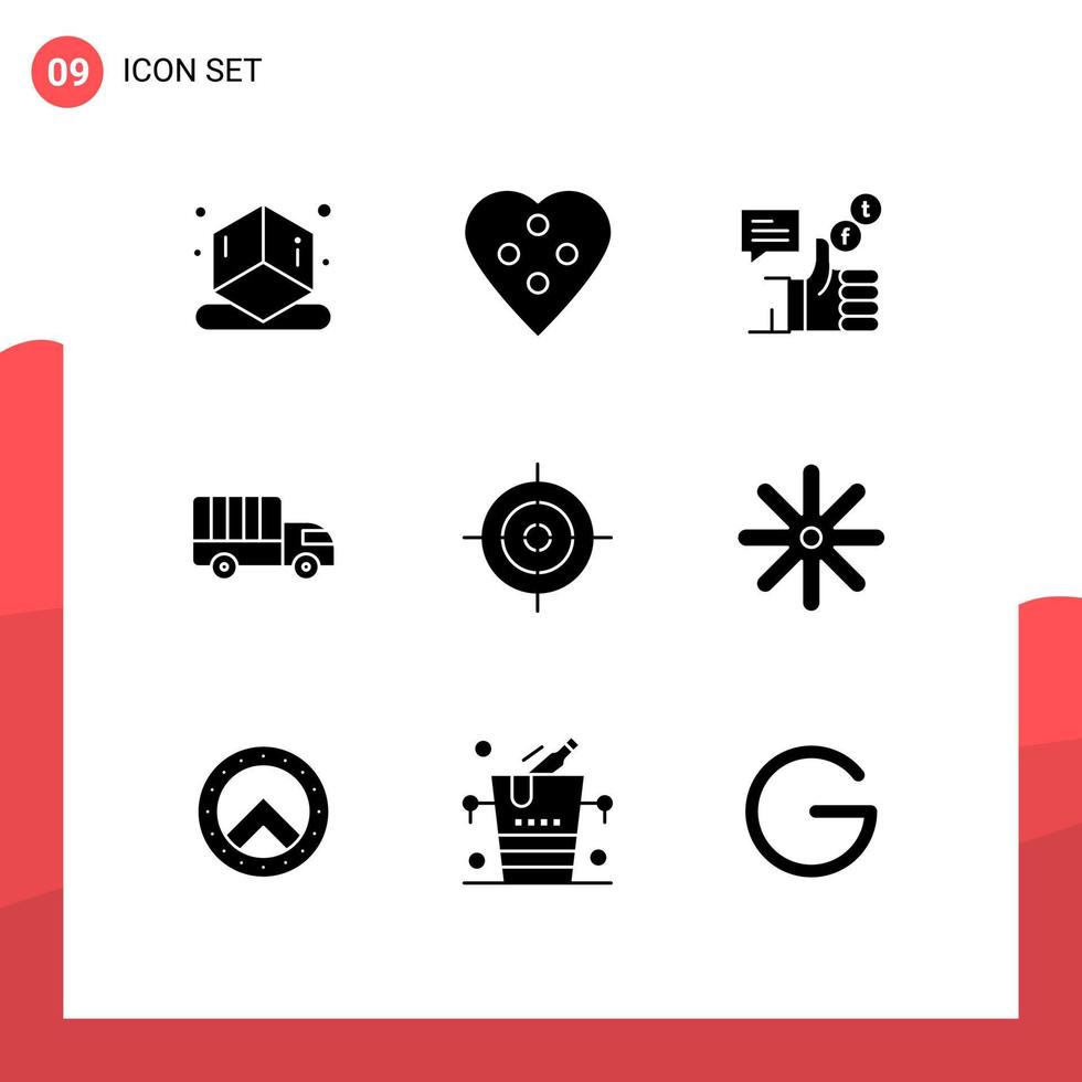 Set of 9 Vector Solid Glyphs on Grid for aim transport campaign lorry twitter Editable Vector Design Elements