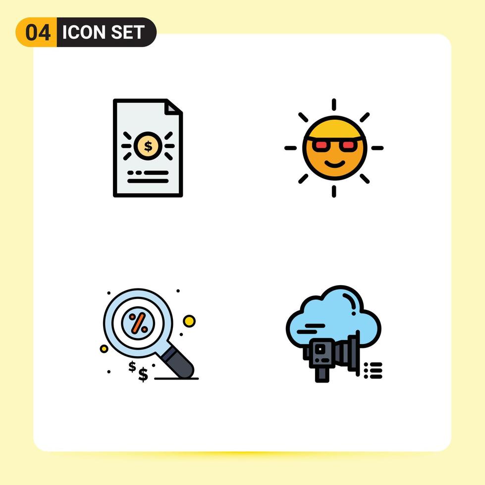 Pack of 4 Modern Filledline Flat Colors Signs and Symbols for Web Print Media such as banking power file energy finance Editable Vector Design Elements