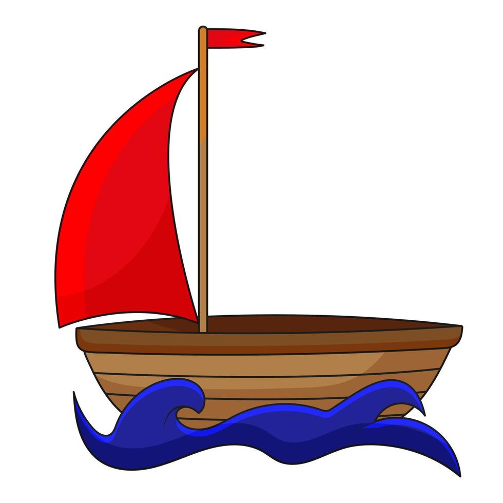 vector illustration of a wooden boat with a sail on a wave, scarlet sails, hand drawing