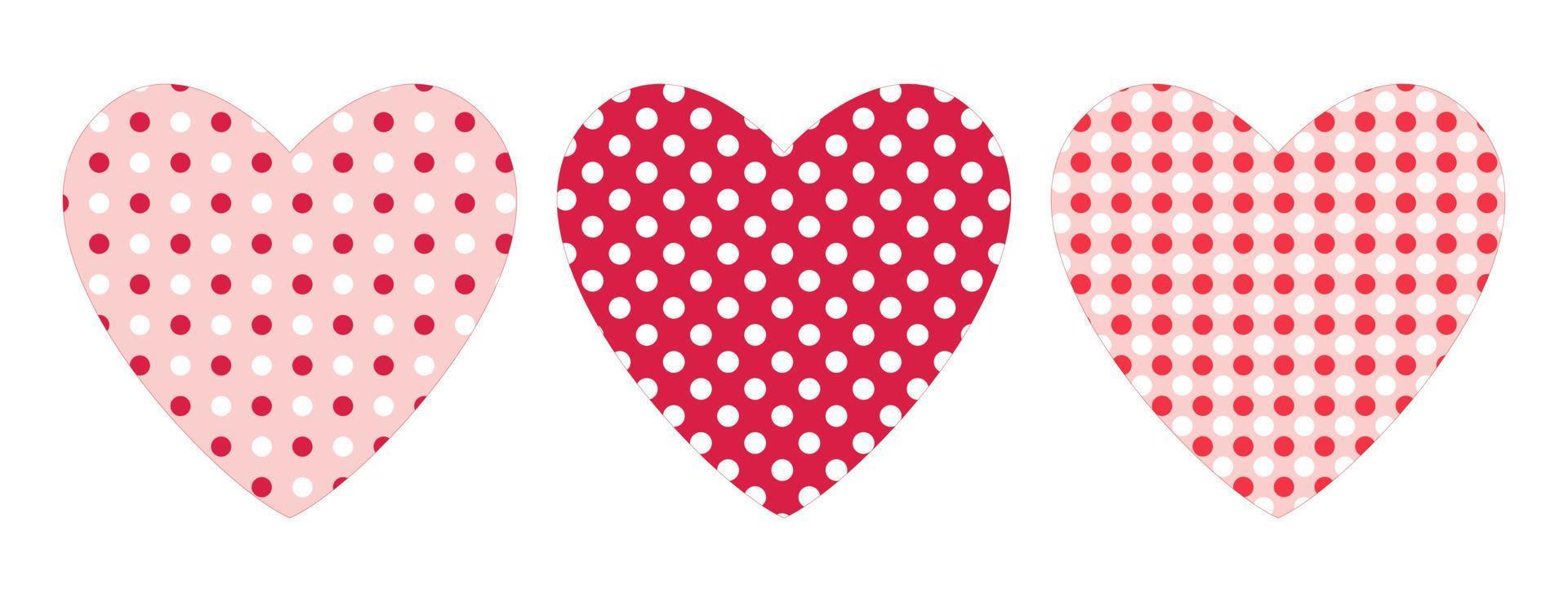 Clip art hearts set in polka dots textures in different red and pink colours. Isolated background. Design for Valentines Day, Weddings, Mothers day celebration, greeting cards, invitations, textile. vector