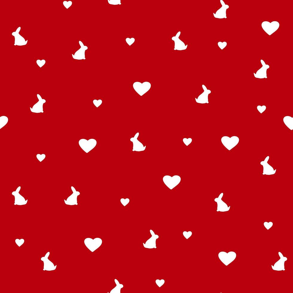 patrón impecable con siluetas de conejo dibujadas a mano y corazones en estilo garabato, ilustración con conejito, decoración navideña, estampado para papel de envolver, día de san valentín, sujetalibros romántico sobre fondo rojo vector