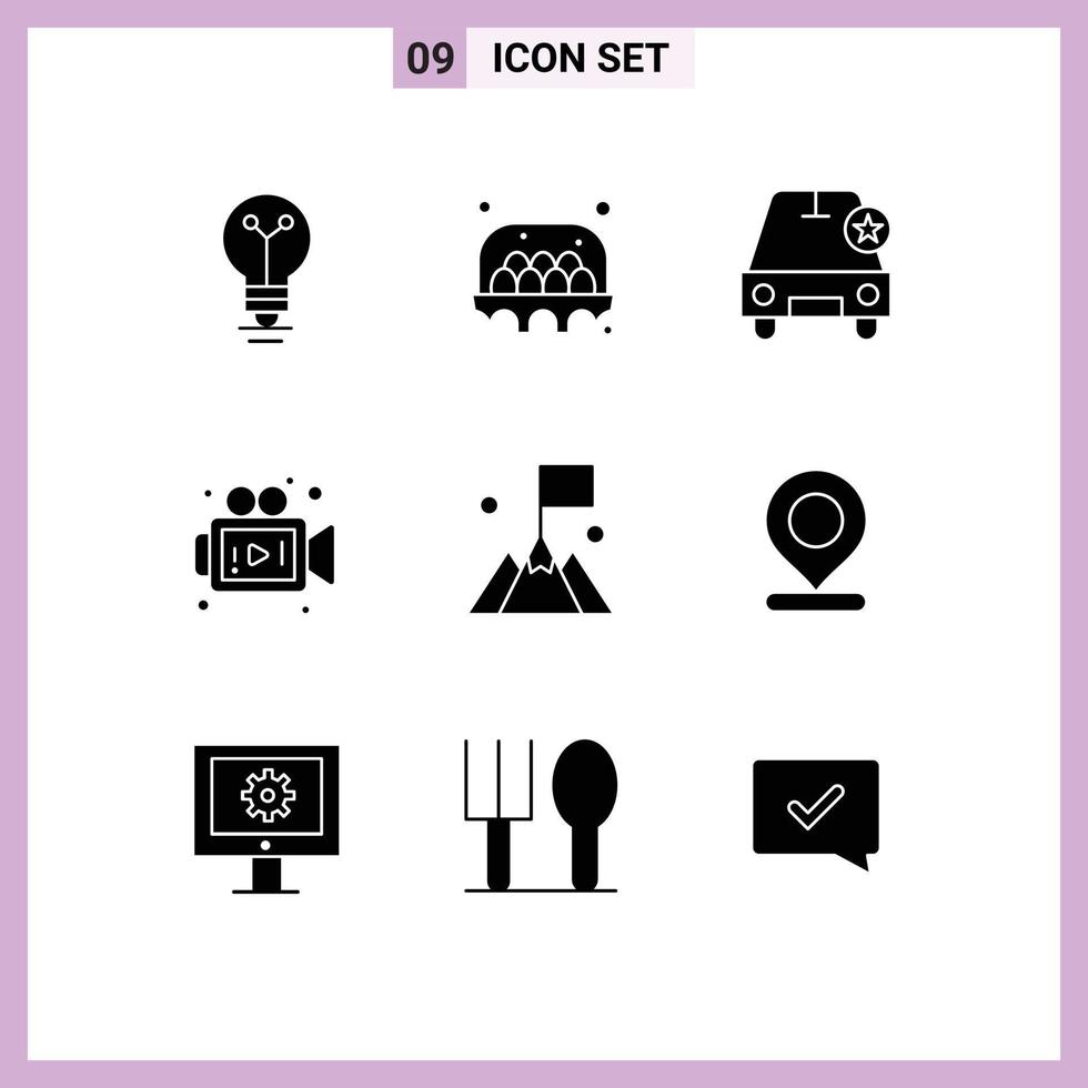 Modern Set of 9 Solid Glyphs and symbols such as mountain flag car video camera Editable Vector Design Elements